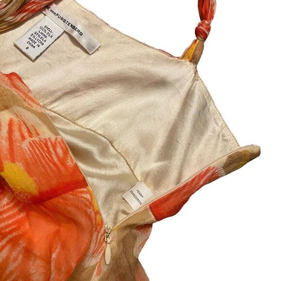 Diane Von Furstenberg Floral Silk Dress Penny Yellow Orange Ruffle Sundress Sz 8 - Picture 6 of 10